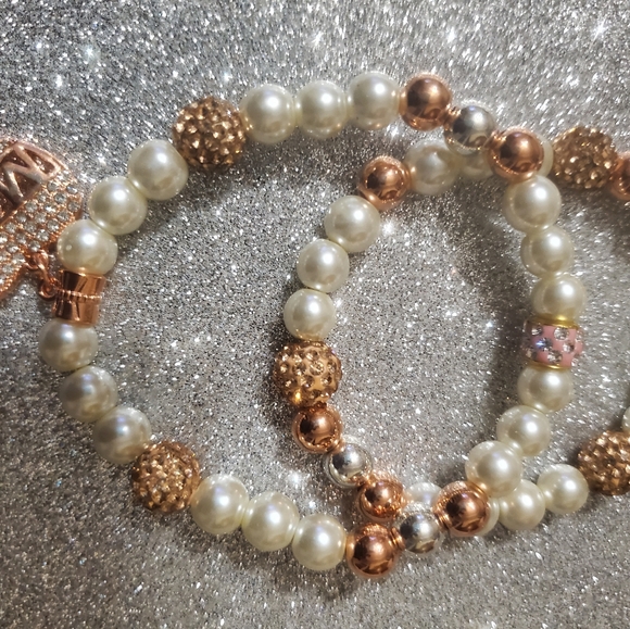 BEAUTIFUL MOM BEADED CREAM & ROSE GOLD DOUBLE BRACELETS SET. - Picture 5 of 15